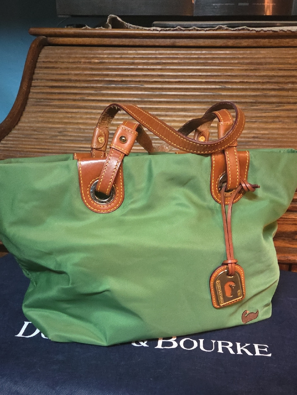 Green Tote Bag with Leather Trim